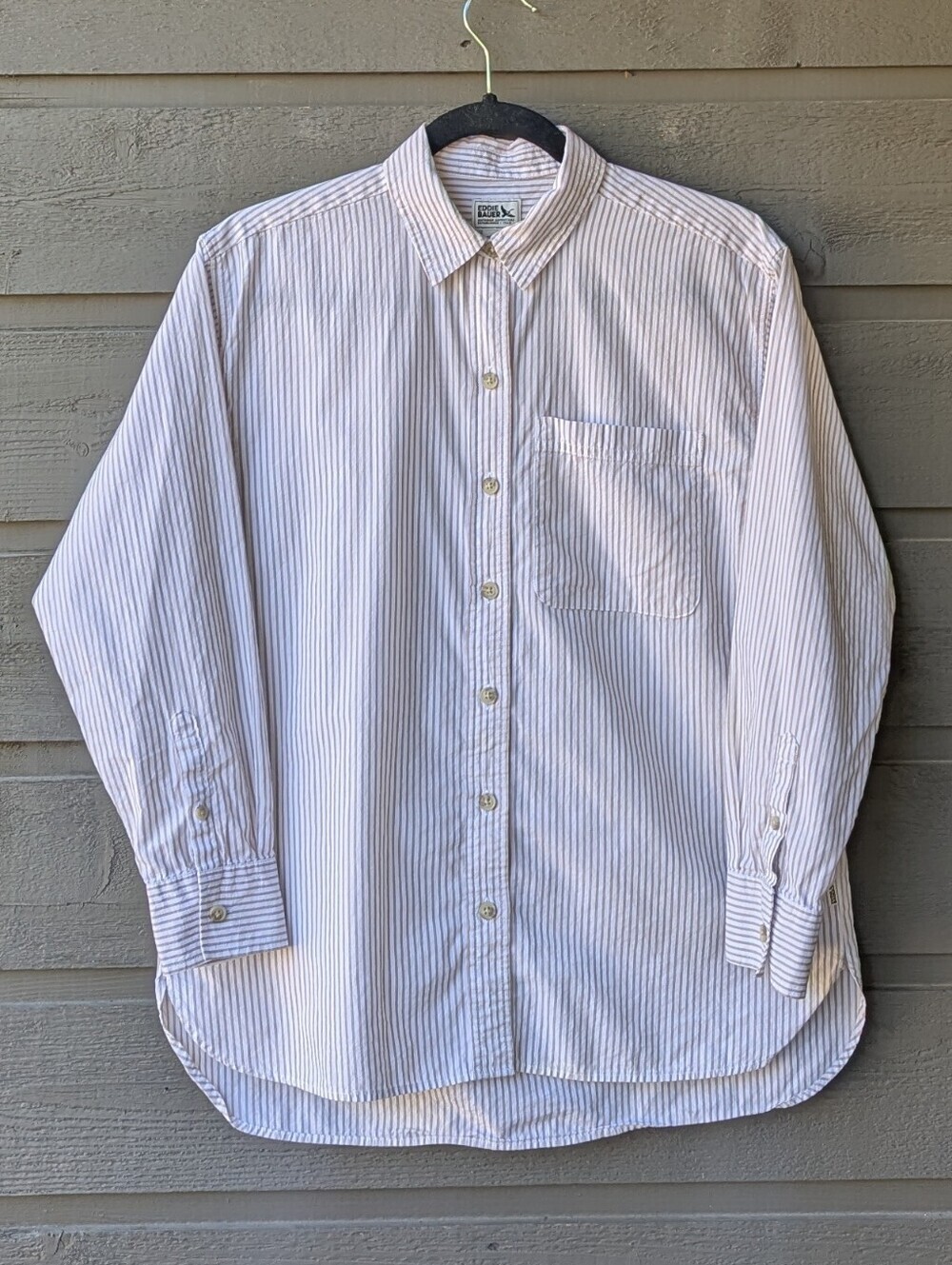 Eddie Bauer 100% Cotton White Tan Vertical Stripe Relaxed Button Front Shirt XS
